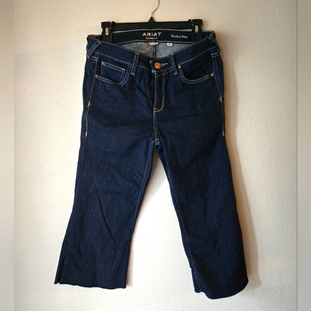Ariat Dark Blue Denim Cropped Raw Hem Jeans Size 30R, 19" Inseam, Flare Bottoms